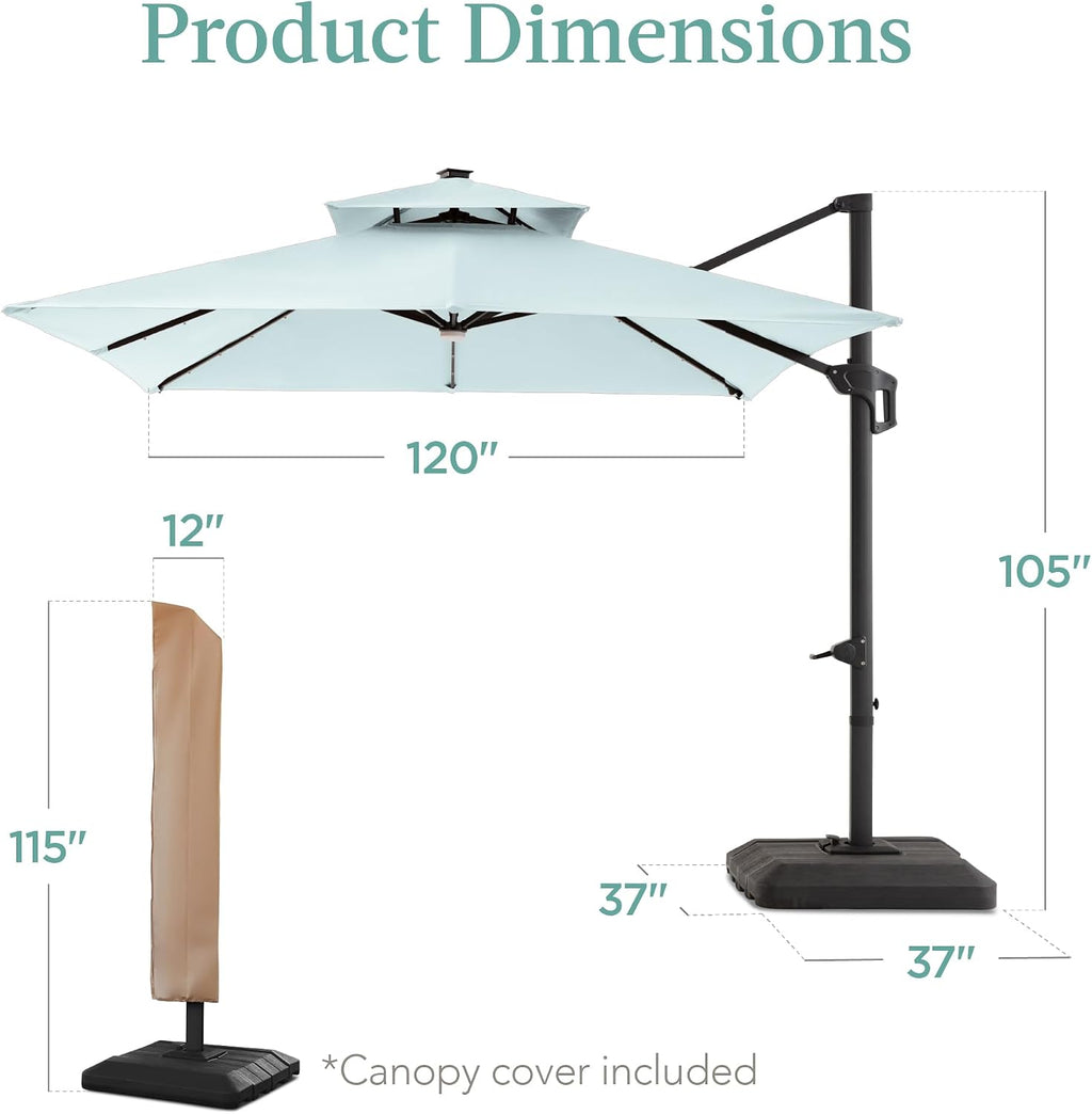 Best Choice Products 10x10ft Cantilever Patio Umbrella w/Base Included, Solar LED Lights 360 Rotation Large Offset Hanging Outdoor Shade for Deck Pool Backyard w/Stand – Baby Blue