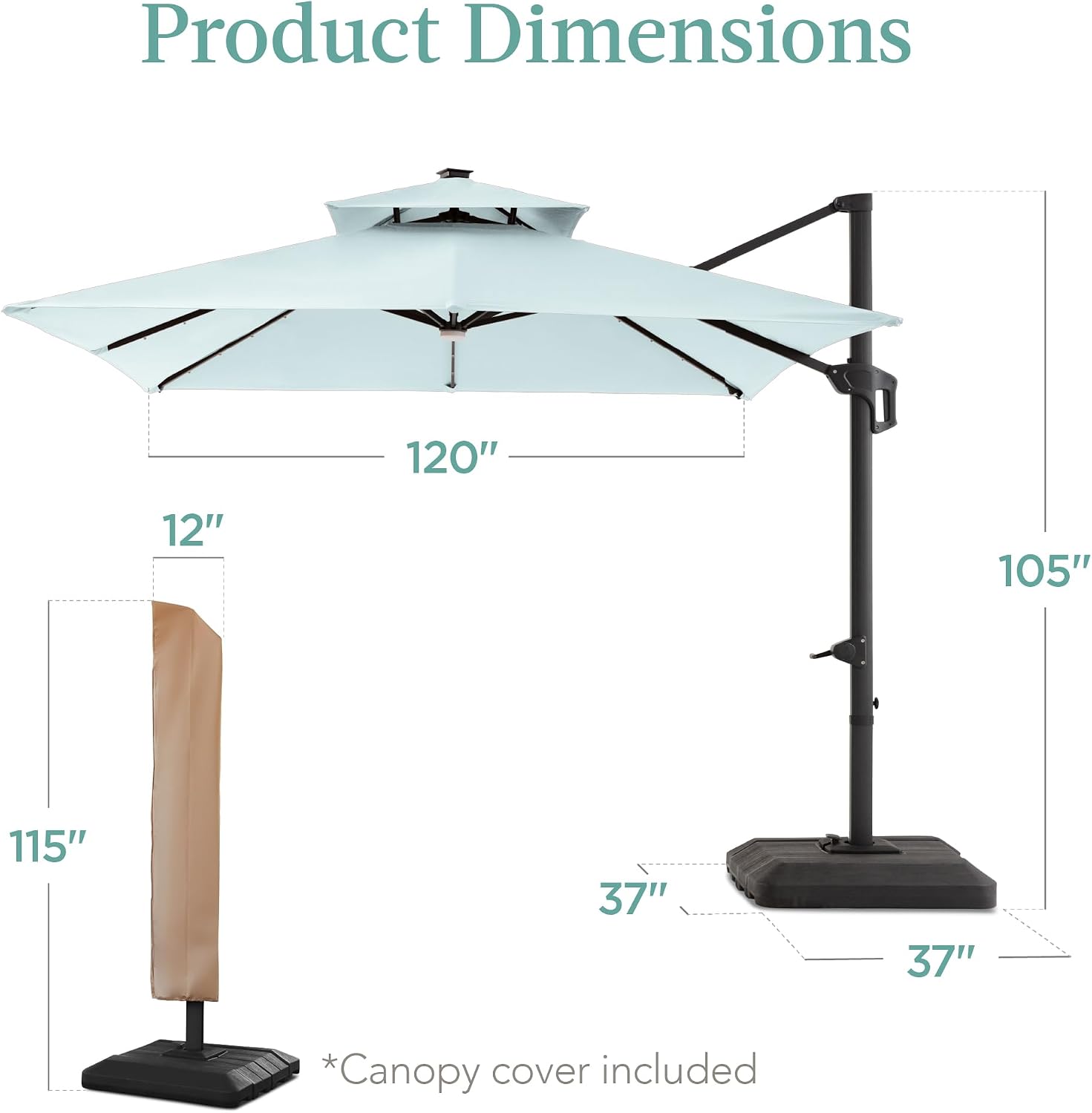 Best Choice Products 10x10ft Cantilever Patio Umbrella w/Base Included, Solar LED Lights 360 Rotation Large Offset Hanging Outdoor Shade for Deck Pool Backyard w/Stand – Baby Blue