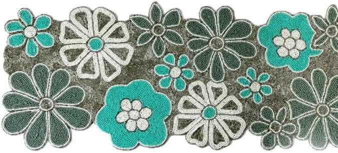 HM CREATIONS Silver floral Table Runner for Table, Dinning Table, side table Decoration runner, Floral Beaded Table Runner, Luxury Wedding Table Runner and Mats 13X36 Inches (1 Runner + 6 Placemats)