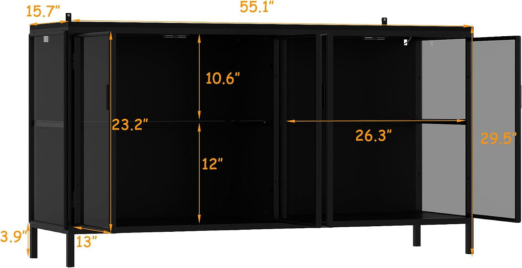 Sideboard Display Cabinet with Lights & 4 Glass Doors, Buffet Sideboard with Glass Shelf, Buffet Storage Cabinet for Living Room Kitchen, Black, 15.7'D x 55.1'W x 29.5'H