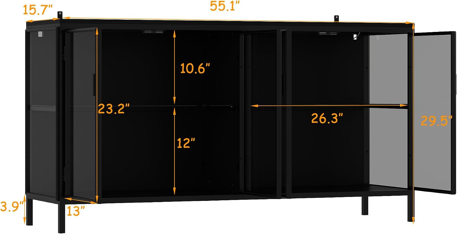 Sideboard Display Cabinet with Lights & 4 Glass Doors, Buffet Sideboard with Glass Shelf, Buffet Storage Cabinet for Living Room Kitchen, Black, 15.7'D x 55.1'W x 29.5'H