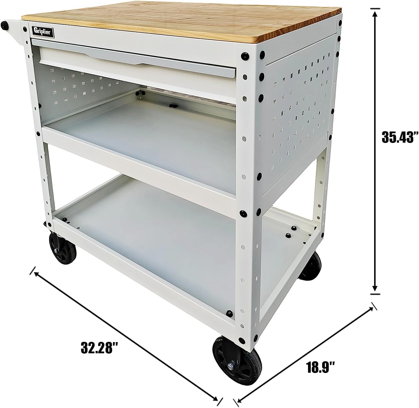 Rolling Tool Cart, 3-Tier Workshop Storage, Black Metal Frame with Wooden Top Workbench, Heavy-Duty Wheels,330LB Load Capacity Organizer Cabinet for Garage, Warehouse, Repair Shop(White)