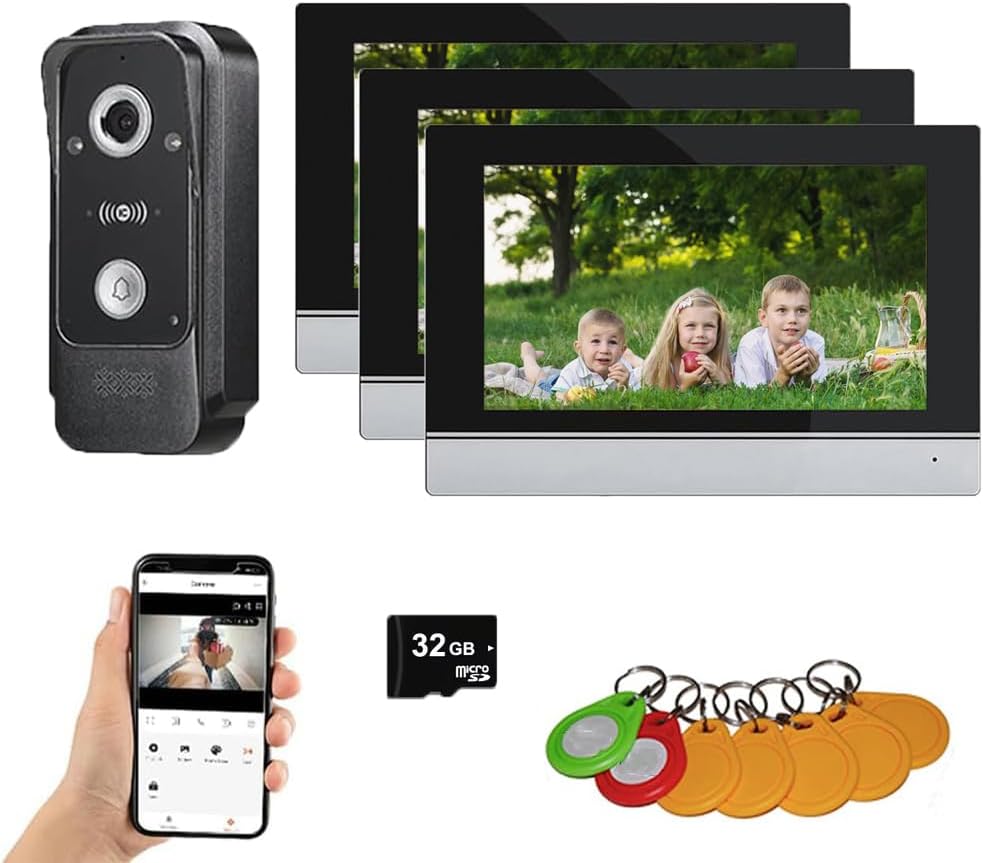 Wired Video Intercom System Tuya WiFi 7 Inch Touch Screen 1080P Doorbell Intelligent Tuya APP Intercom Kit with 3 in 1 Unlock Motion Detection,Anti-Tamper Alarm,32G (1 Bell+3 Monitor)