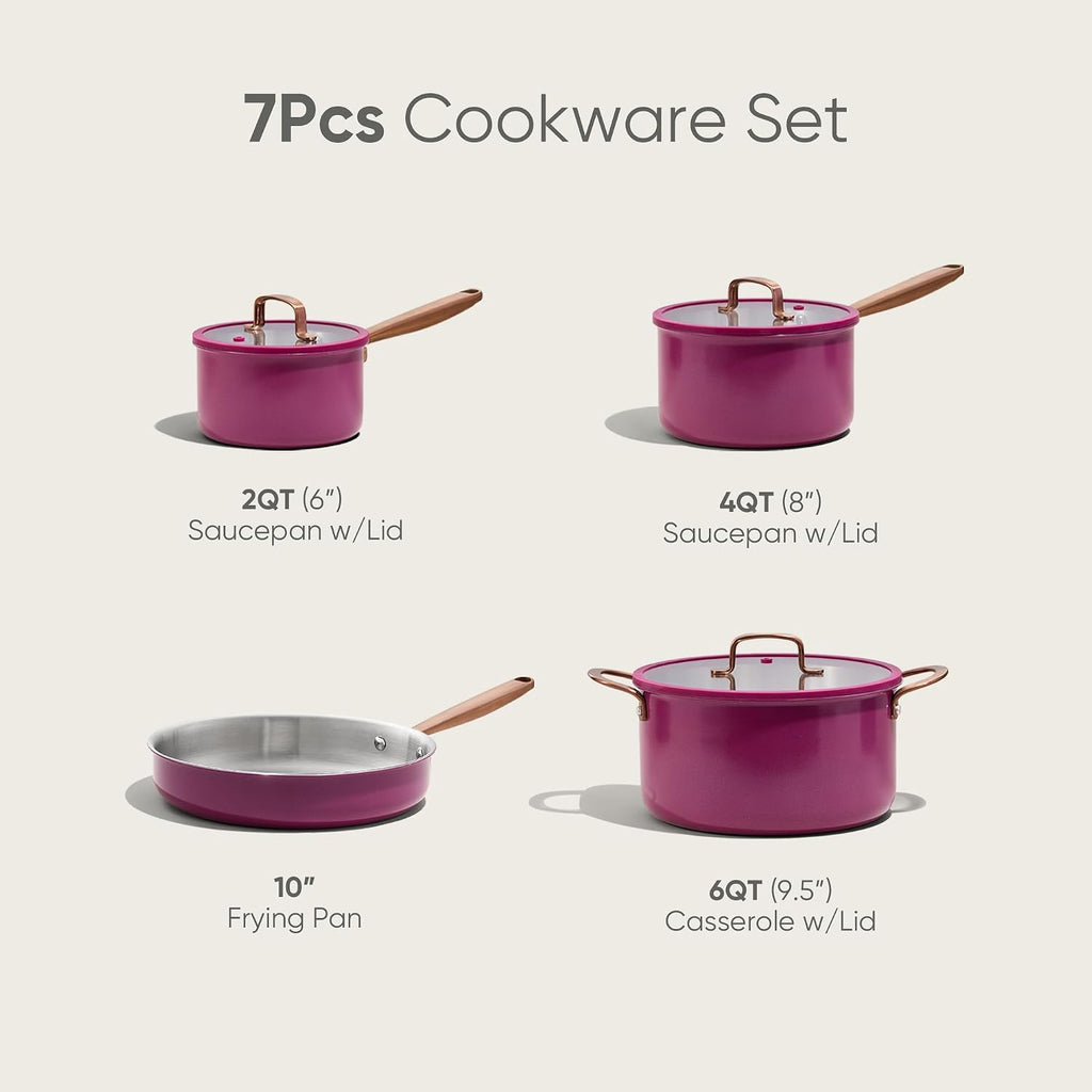 CAROTE 7pcs Tri-Ply Stainless Steel Cookware Set, Pots and Pans Set, Non Stick Induction Kitchen Cooking Sets, Outer Ceramic Layer, Nonstick Cookware Collection, Violet Purple