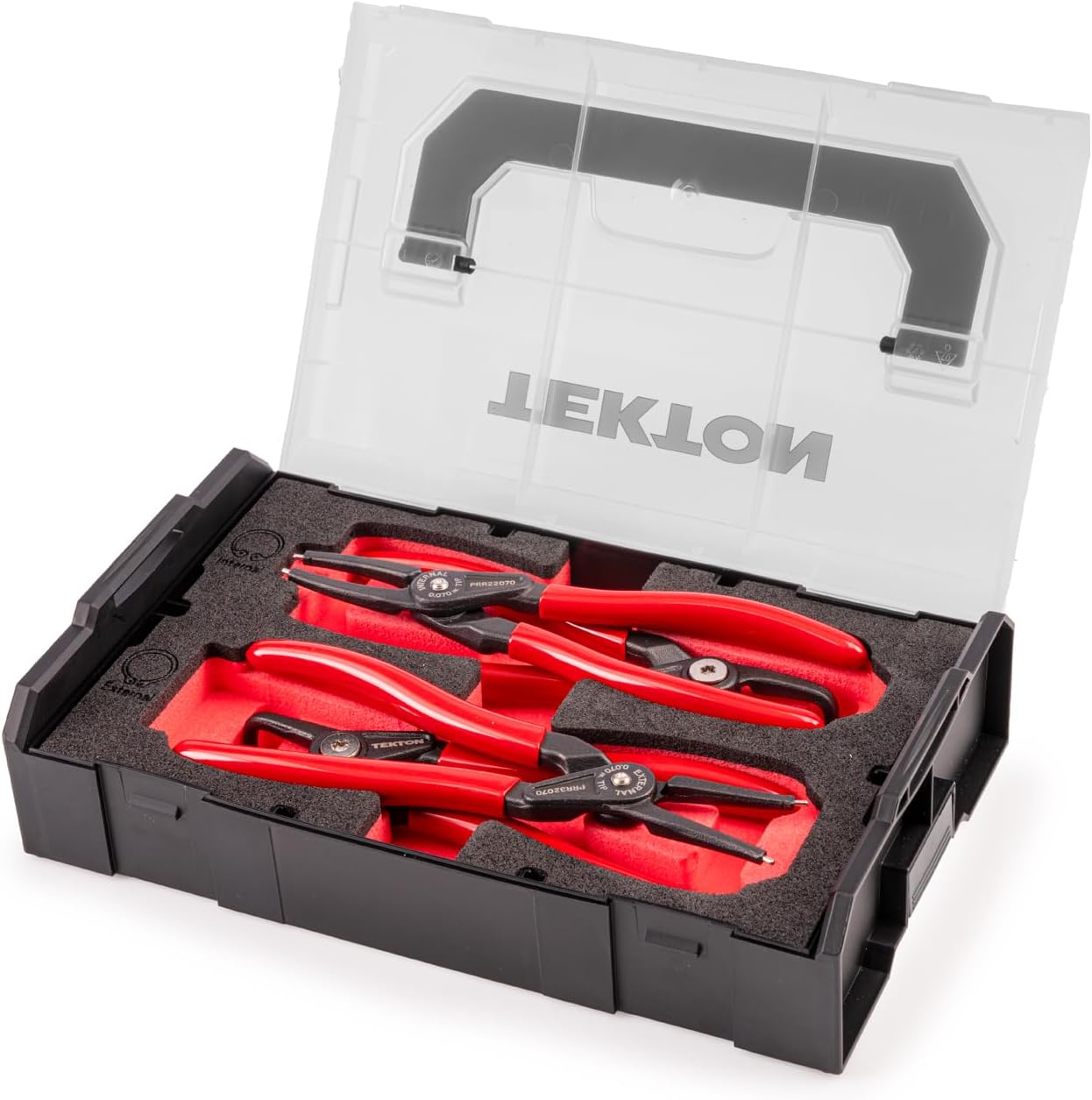 TEKTON 7 Inch Internal and External Retaining Ring Pliers Set with Mini Stacking Tool Box (4-Piece) | PRR96001