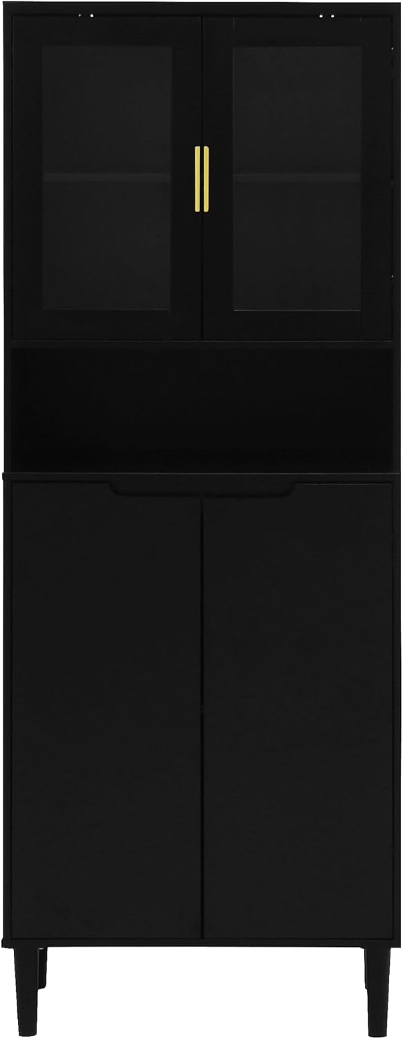 LUMISOL Storage Cabinet with 2 Glass Doors, Solid Wood Accent Cabinet with Gold Handles, Modern Cabinet Freestanding for Study Room Living Room, Save Space, Black