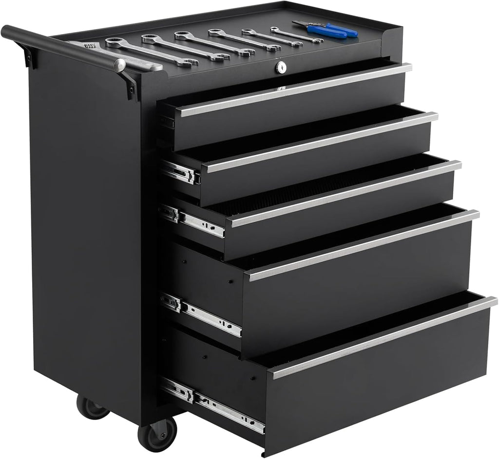 5-Drawer Tool Box with Wheels, Rolling Tool Chest and Organizer for Garage & Workshop, Includes Detachable Top, Lockable Wheels and Sliding Drawers, Essential Tool Chest Cabinet Organizer, 26 Inch