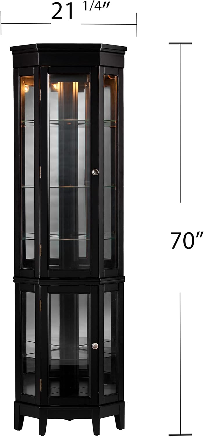 SEI Furniture Essex Corner Curio Cabinet - Adjustable Glass Shelves - 2 Tier With Black Finish, Transitional Style Pine, Black