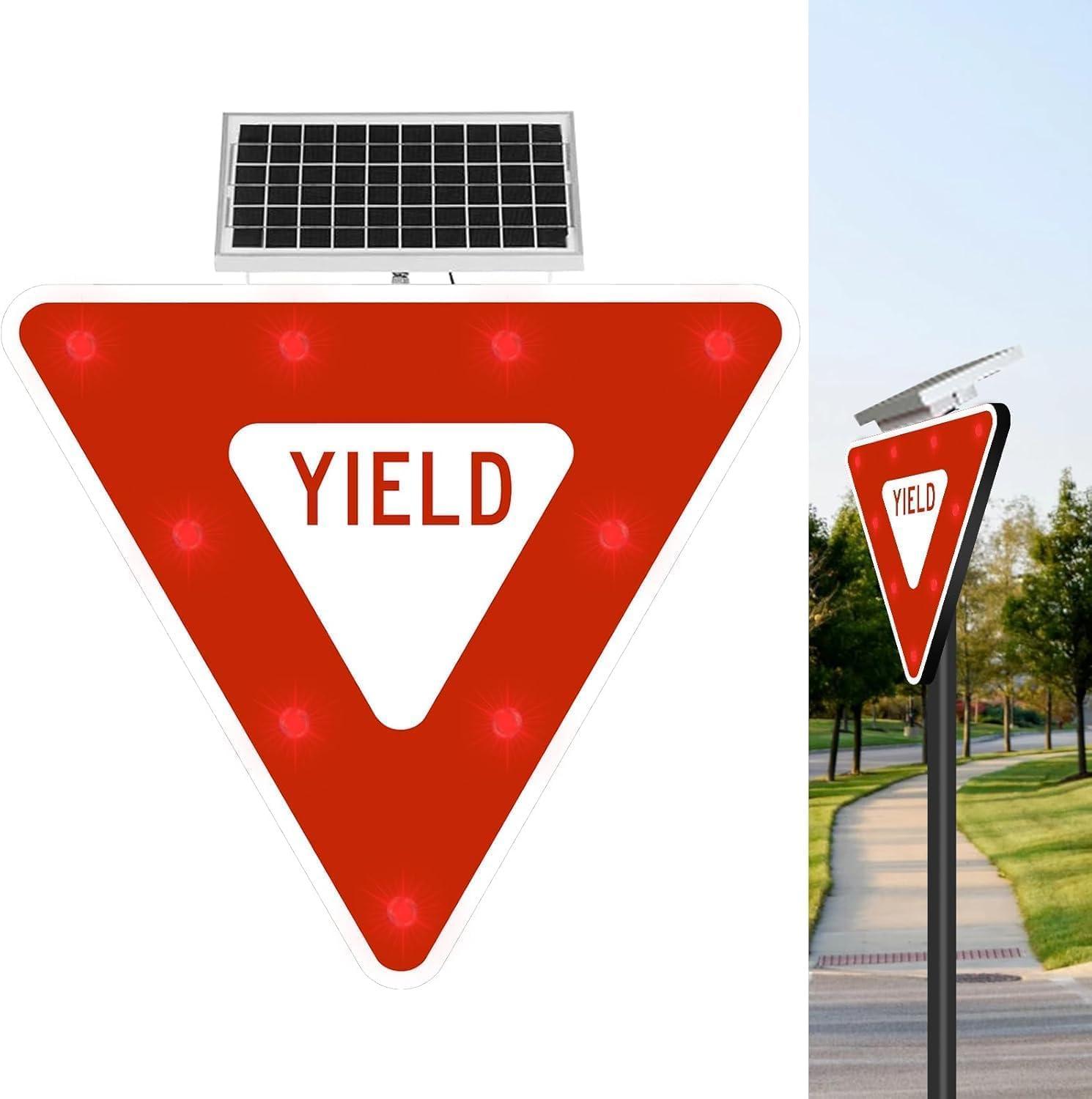 Yield Sign LED Flashing Crossing Signs - 28' Solar Yield Sign, Blinking Traffic Road Metal Signs, Engineer Grade Reflective File, with Accessories