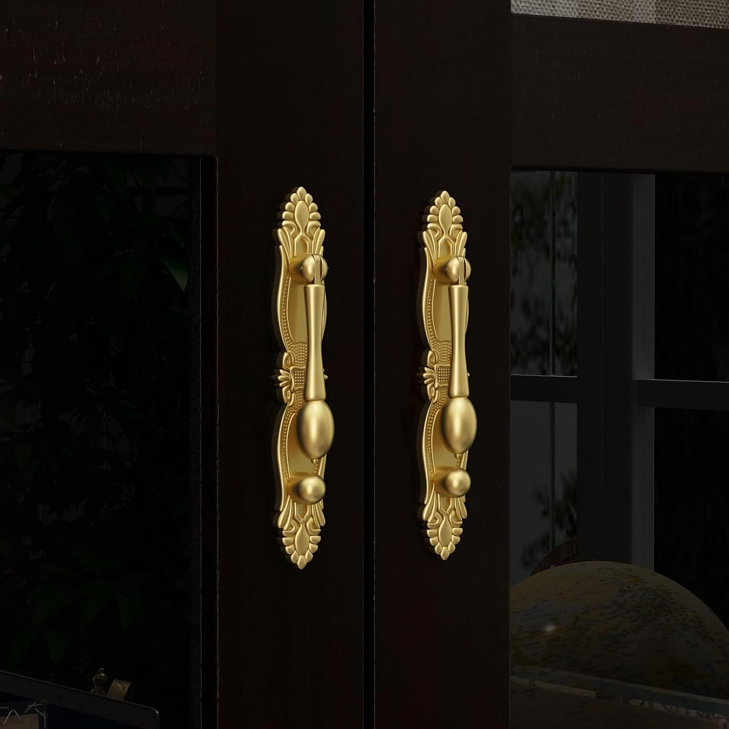 Carved Storage Cabinet with 2 Glass Doors & Drawer, Pooja Mandir with 3-Tier Shelves, Gold Accents, Decorative Cabinet Display Cabinets for Living Room Black and Brown(31.5'W x 15.7'D x 70.9'H)