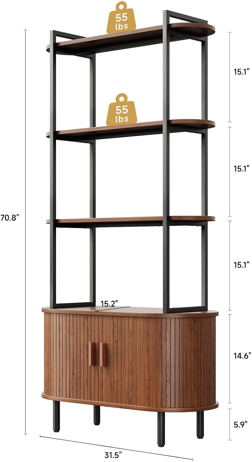 5 Tier Tall Bookshelf with Cabinet, Fluted Bookcase with Sliding Door, Metal and Wood Display Shelf, Free Standing Storage Shelving Unit, Corner Storage Organizer for Living Room, Home Office, Walnut