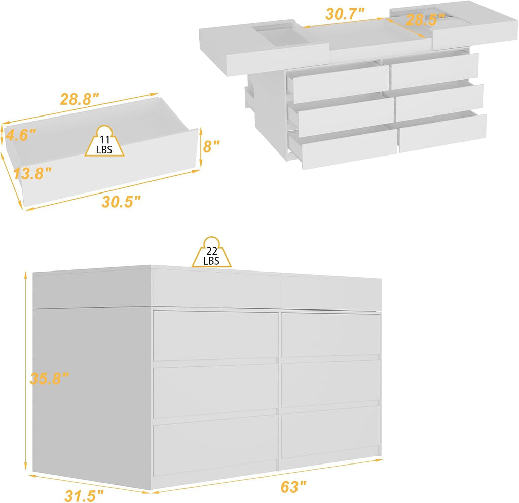 63' W Glass Display Cabinet, Walk in Closet Island for Retail, Jewelry Organizers Storage with 12 Drawers & Pull-Open Top, Collectibles Cabinet Showcase for Cloakroom Shop, White