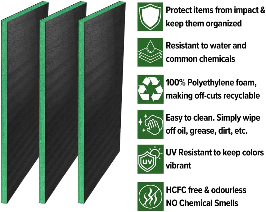 Customizable Tool Box Organizer Tool Foam | 24'x48' 3 Sheets | Tool Box Foam Organizer | Tool Drawer Organizer | Customizable Foam Insert | Toolbox Foam Inserts Shadow Foam (Green, 2-1/4' (57mm))