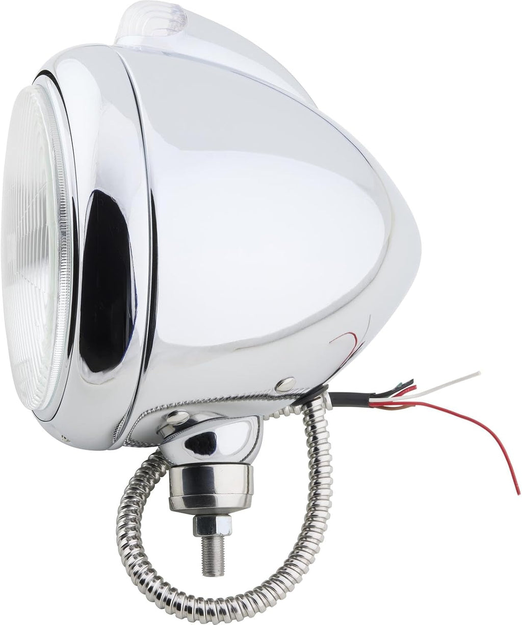 Speedway Motors Guide 682-C Style 7 Inch Chrome Headlight with H4 Halogen Bulb, 12 Volt, Clear LED Marker Light, Round Steel Housing, Universal Driver or Passenger Side