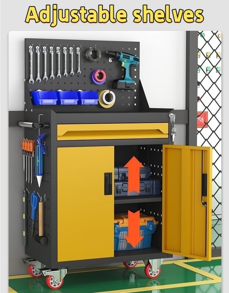 Heavy Tool Cart with Pegboard and Handle, 3-Drawer Garage Storage Cabinet & Toolbox on Wheels for Garage, Warehouse & Workshop(Green)