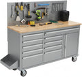 61-Inch Rolling Tool Chest with 10 Drawers & Power Strip, Solid Rubber Wood Top, 1675 LBS Load Heavy Duty Mobile Workstation, Locking System and Drawer Liners for Garage Warehouse Shop, Silver