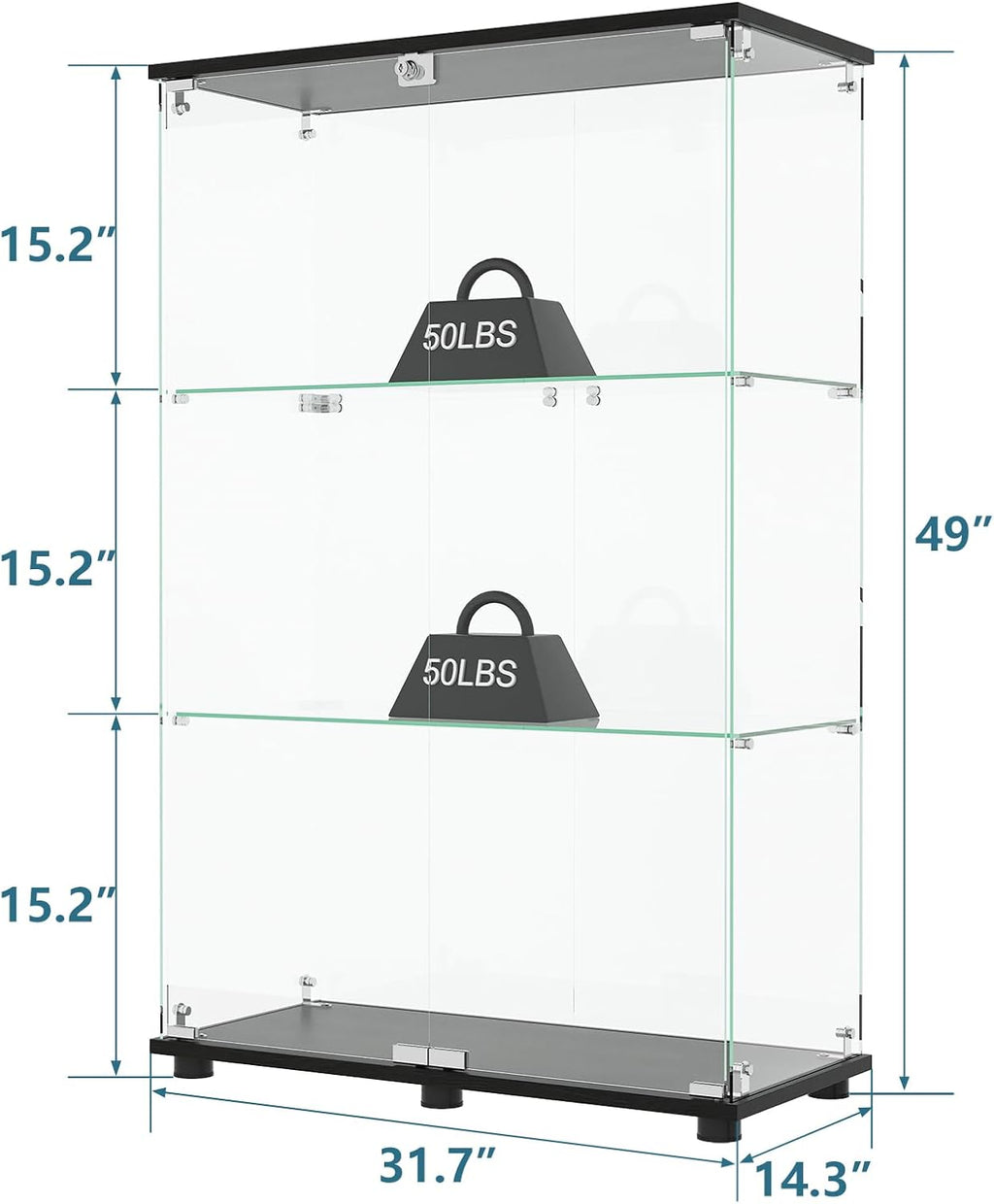 Glass Display Cabinet with 3-Shelf Double Doors and Lock, Curio Cabinet 5mm Tempered Glass Floor Standing Bookshelf for Living Room, Bedroom, Office, 49 x 31.77 x 14.37 in, Black