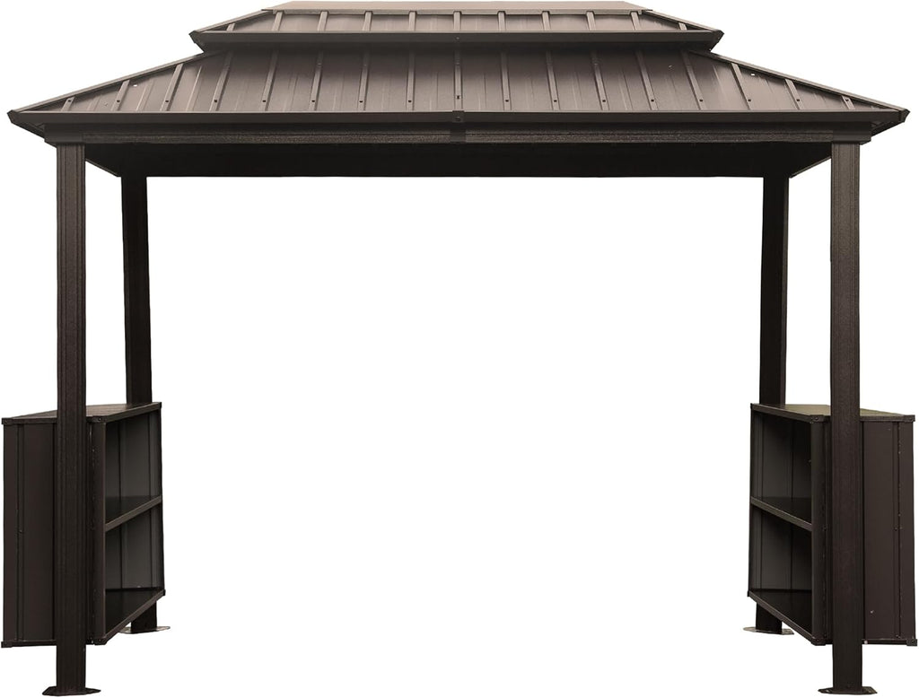 6x10FT Hardtop Grill Gazebo, Outdoor BBQ Gazebo with Double Galvanized Steel Roof, Patio Grill Canopy with 2 Cabinets and Ceiling Hooks for Backyard, Lawn, Garden, Brown