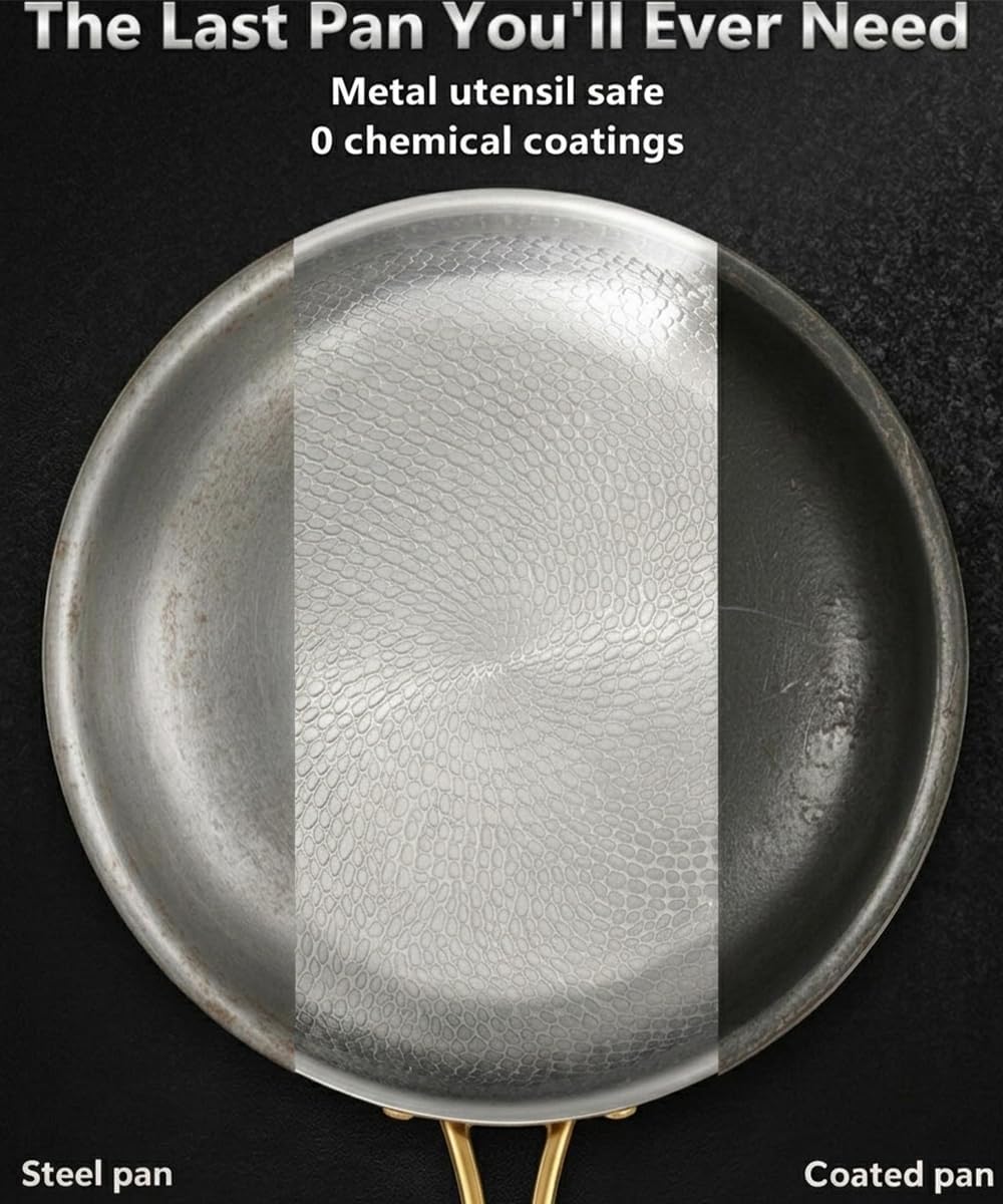 12 Inch Titanium Pans for Cooking, Pure Titanium Frying pan Hammered Design, Non-Toxic Titanium Pro Pan PFAS/PFOA/PTFE Free, Compatible for Oven, Dishwasher & All Cooktops, Fast & Even Heat