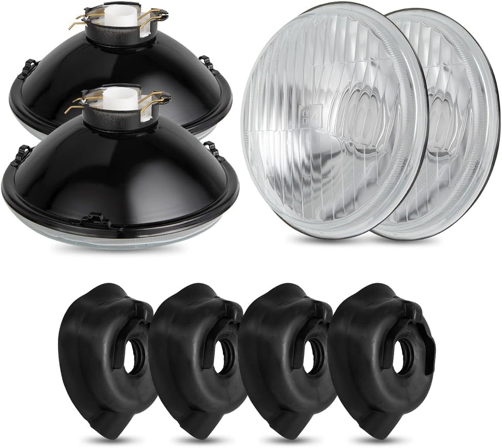 5.75' Round Sealed Beam Headlight Replacement with H4 LED Bulbs, Fits H5001 H5006 H5506 H5010, Hi/Lo Beam Reflector Housing for Select Chevy Ford Peterbilt Models, 4 Pack