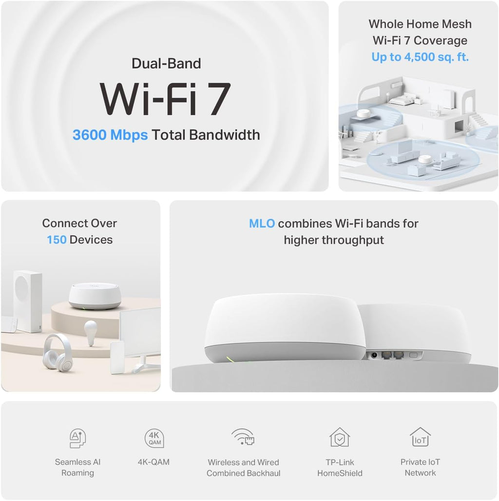 TP-Link Deco 7 BE23 Dual-Band BE3600 WiFi 7 Mesh Wi-Fi System | 4-Stream 3.6 Gbps, 160 Mhz | Covers up to 4,500 Sq.Ft | 2× 2.5G Ports Wired Backhaul | VPN,MLO,AI-Roaming, HomeShield, 2-Pack