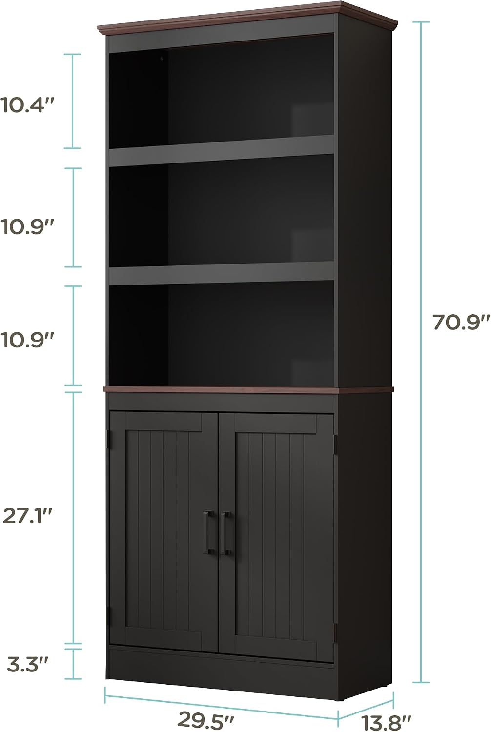 MHOM 71' Tall Bookshelf with Doors, 5 Tiers Farmhouse Bookcase with Adjustable Shelves, Wooden Rustic Display Cabinet for Home Office, Living Room, Black