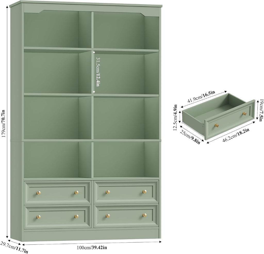 FINETONES 71' Tall Bookshelf with 4 Drawers, 6-Tier Double Wide Bookshelves and Bookcases with Storage, Green Bookshelf Large Open Bookshelves Standing Book Cabinet for Home Office