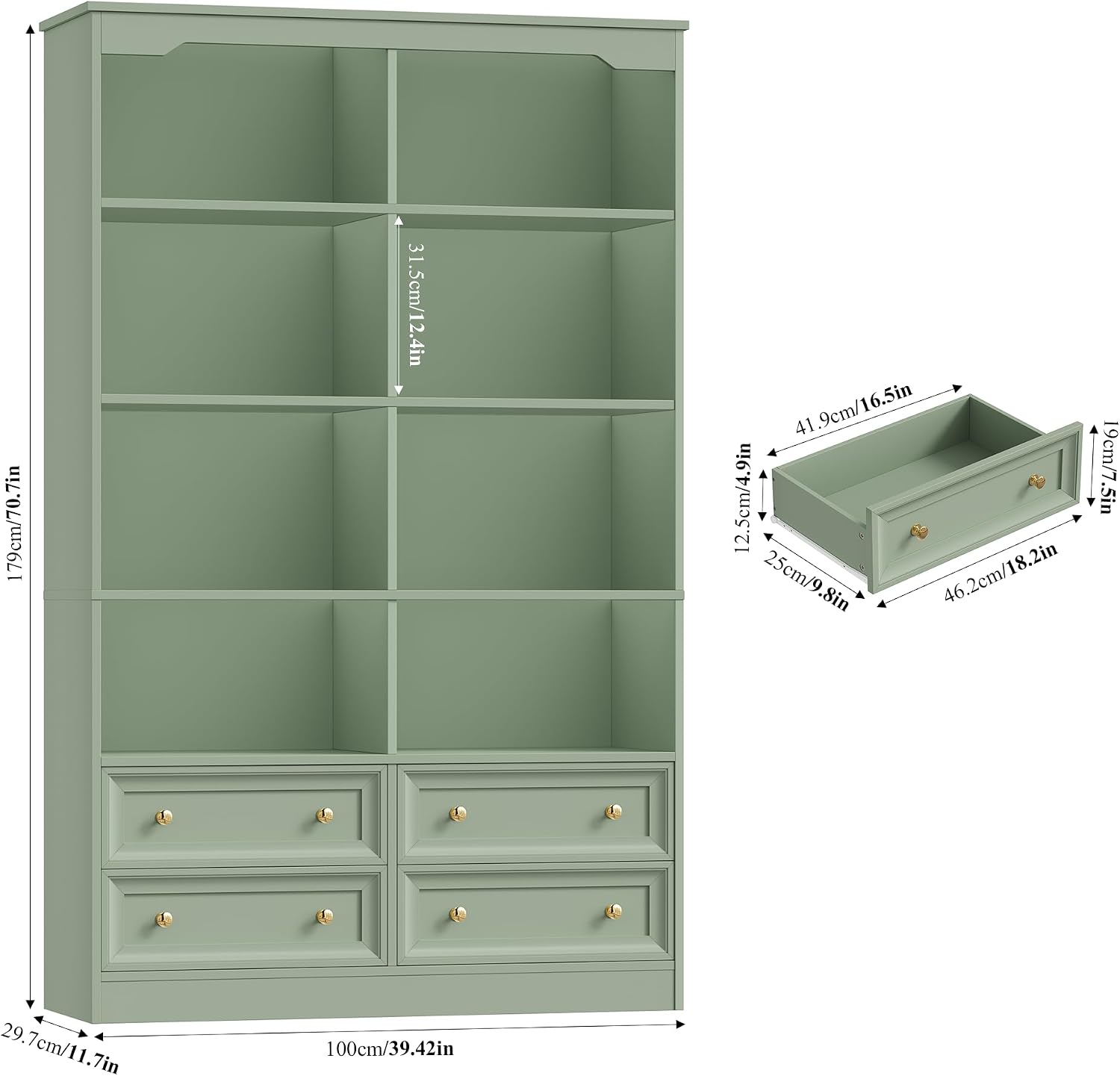 FINETONES 71' Tall Bookshelf with 4 Drawers, 6-Tier Double Wide Bookshelves and Bookcases with Storage, Green Bookshelf Large Open Bookshelves Standing Book Cabinet for Home Office