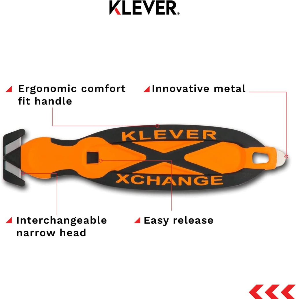 Klever X-Change Box Cutter, Klever Kutter Package Opener Narrow Cut Head, Carbon Steel Blade Utility Knife, Cuts Boxes, Film, Tape and More, Orange, 10 Pack (KCJ-XC-20G)