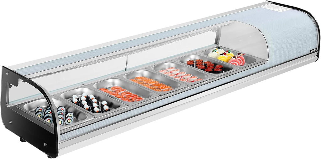 VEVOR Sushi Display Case Refrigerator, 2.5 Cu.ft Commercial Sushi Case, 7-Pan Countertop Showcase with Curved Glass, LED Lighting, and Digital Temperature Control, for Sushi-Bar, Restaurant, Store