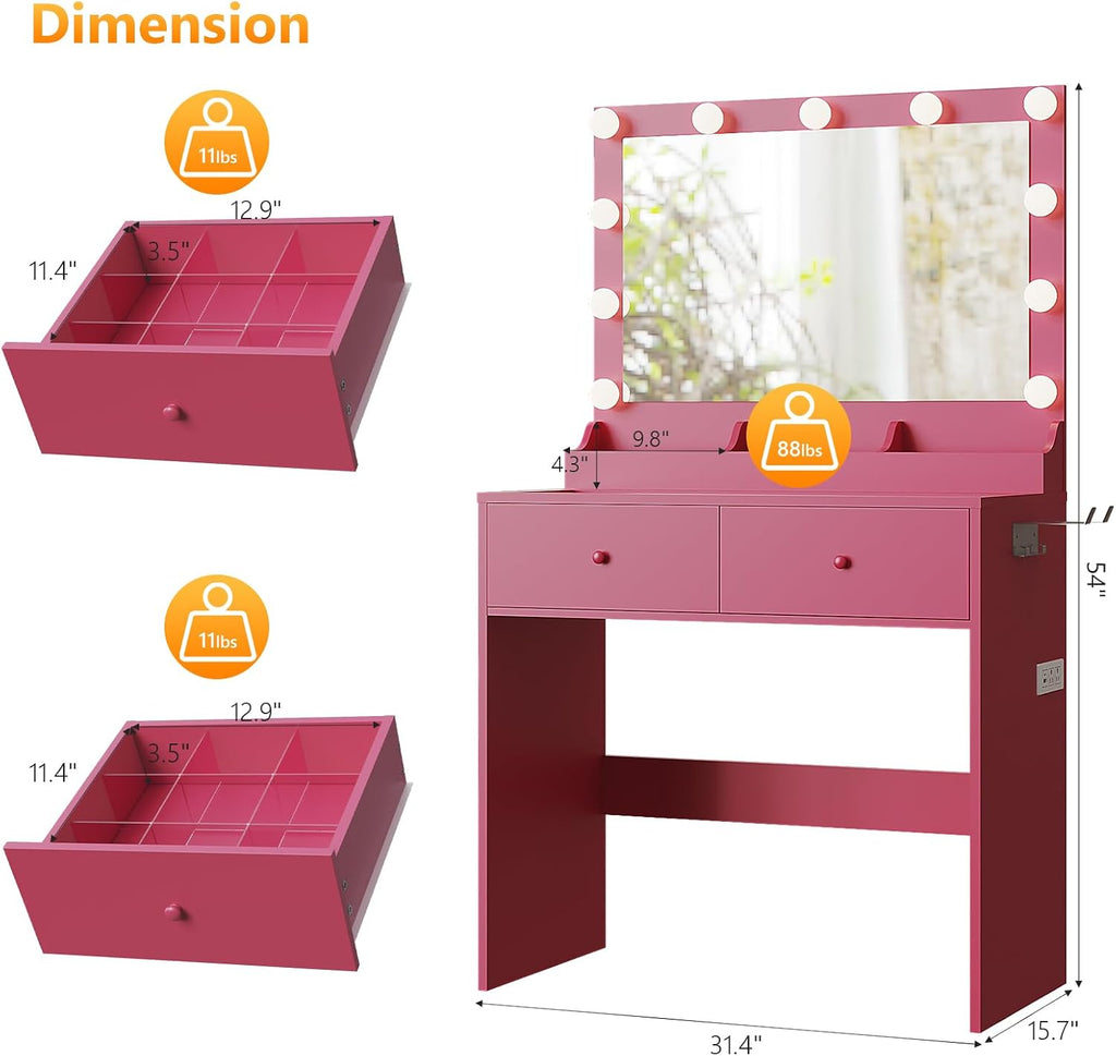 VINGLI Vanity Desk with Mirror and Adjustable Lights, Glass Top Makeup Vanity Table Built-in Power Outlets & Hairdryer Holder, Small Hot Pink Dressing Table w/Bulbs, Gifts for Girls, 31.5in