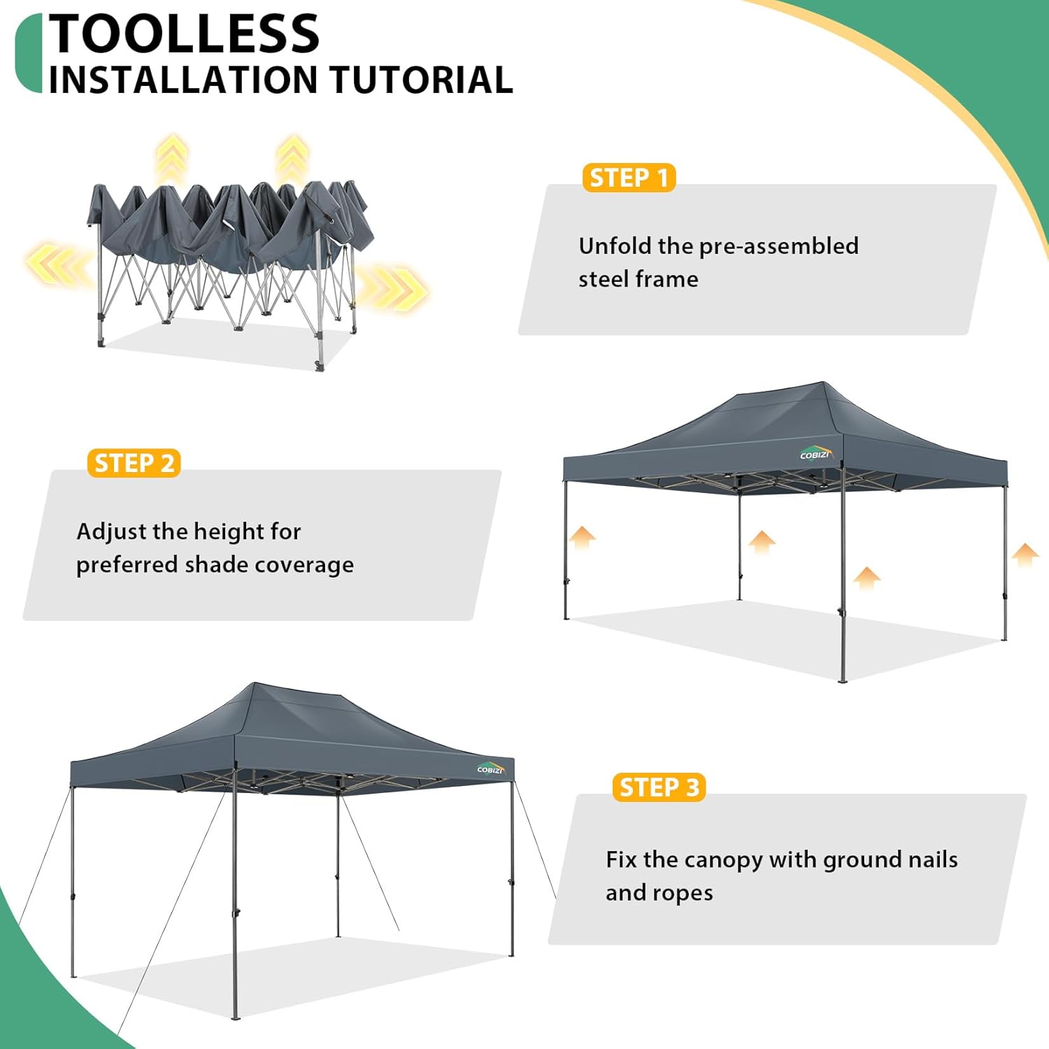 COBIZI 10x15 Pop up Canopy Tent Heavy Duty, Easy Set-up Commercial Outdoor Party Tent, 100% Waterproof Wedding Tents Gazebo, 3 Height Adjustable with Wheeled Bag, Gray