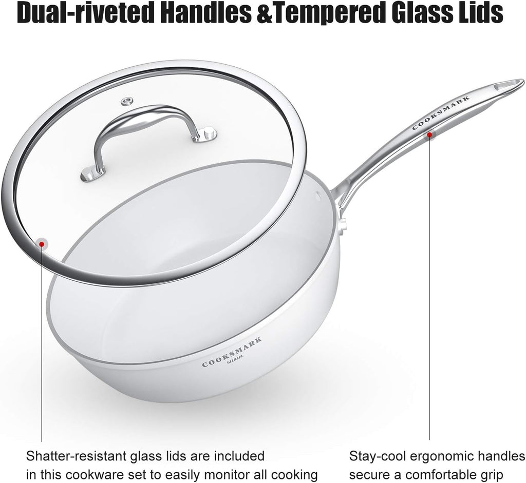 Nonstick Ceramic Cookware Set, Induction & Dishwasher Safe Scratch-Resistant Pots and Pans Set with Glass Lids 10 Pieces, White