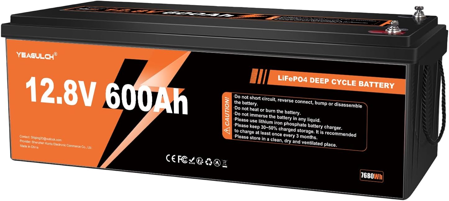 12V 600Ah LiFePO4 Lithium Battery with 200A BMS 7680Wh, Up to 15000 Deep Cycle LiFePO4 Battery Perfect for RV, Solar, Marine, Camping, Off-Grid, Home Energy Storage