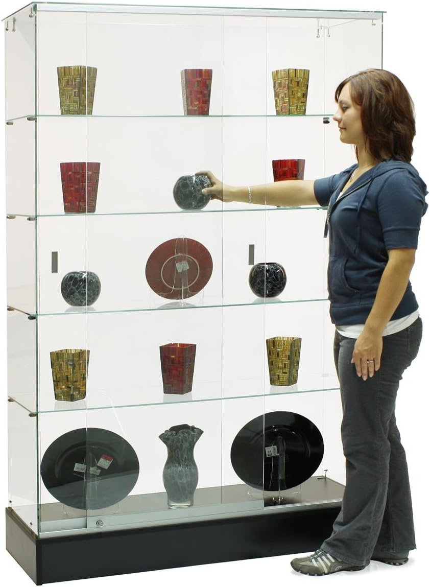 Displays2go Glass Display Cabinet with Sliding Doors, 48 x 72 Locking Frameless Display Case with 4 Fixed Glass Shelves, Standing Showcase for Retail or Collectibles – Black (FRCTWLBK)