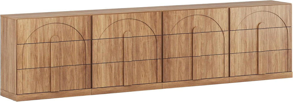 BELLEZE Sideboard Cabinet with 3 Drawers, Set of 4 Modern Wood Buffet Cabinet with Arc Design, Large Fluted Sideboard with Storage for Dining Room Living Room Entryway, Camel