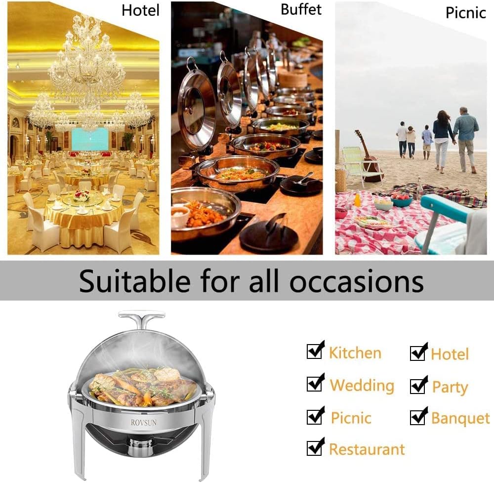ROVSUN 3-Pack Roll Top Chafing Dish Buffet Set,6 Quart Full Size Pan Chafer, Stainless Steel Round Set with Food Pan, Water Pan for Wedding, Parties, Banquet, Catering Events
