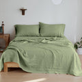 Simple&Opulence 100% Linen Sheet Set 4 Pieces Natural France Flax Bed Sheet (1 Flat Sheet, 1 Fitted Sheet, 2 Pillowcases) Breathable Luxury Hotel Bedding - Embroidery Sage Green, King Size