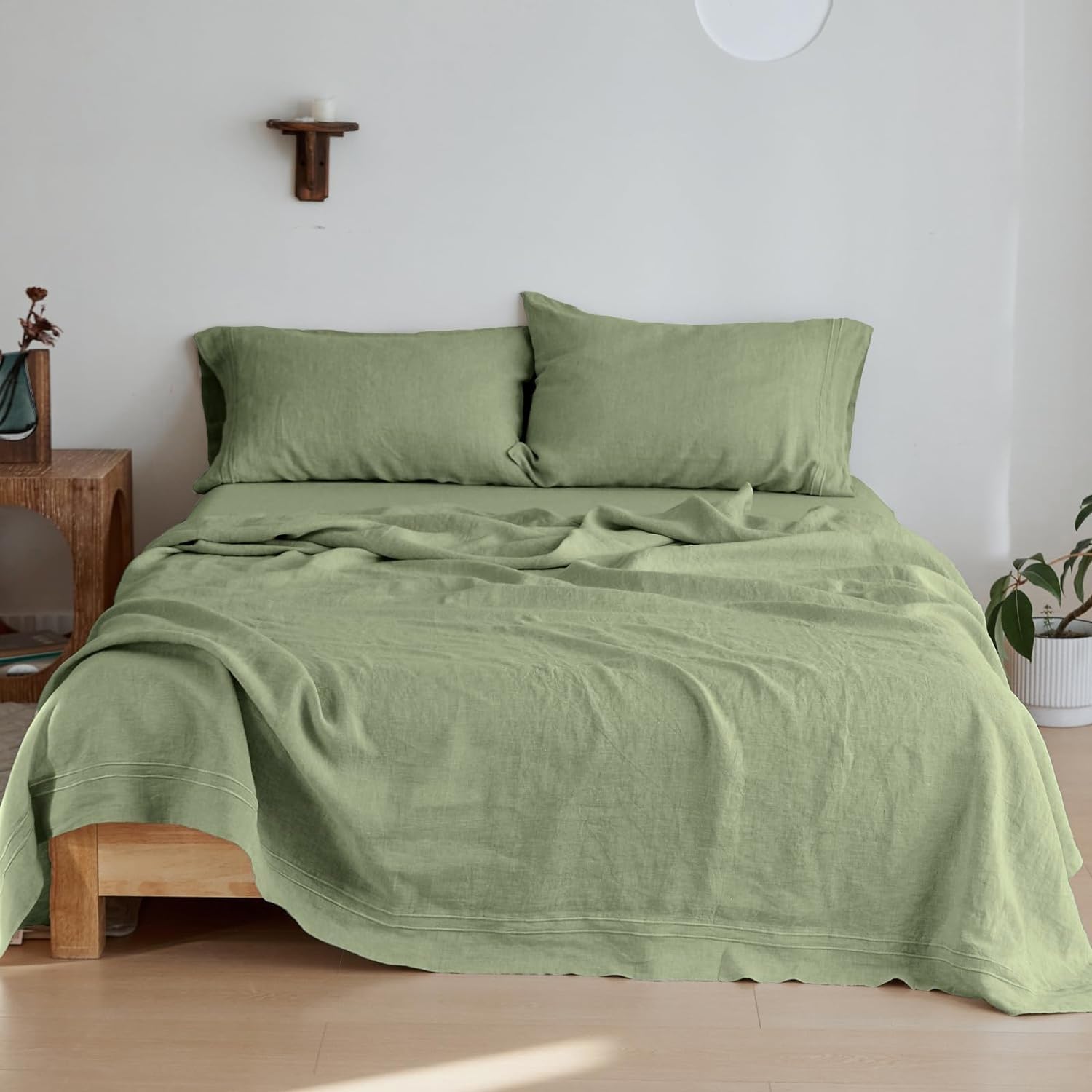 Simple&Opulence 100% Linen Sheet Set 4 Pieces Natural France Flax Bed Sheet (1 Flat Sheet, 1 Fitted Sheet, 2 Pillowcases) Breathable Luxury Hotel Bedding - Embroidery Sage Green, King Size