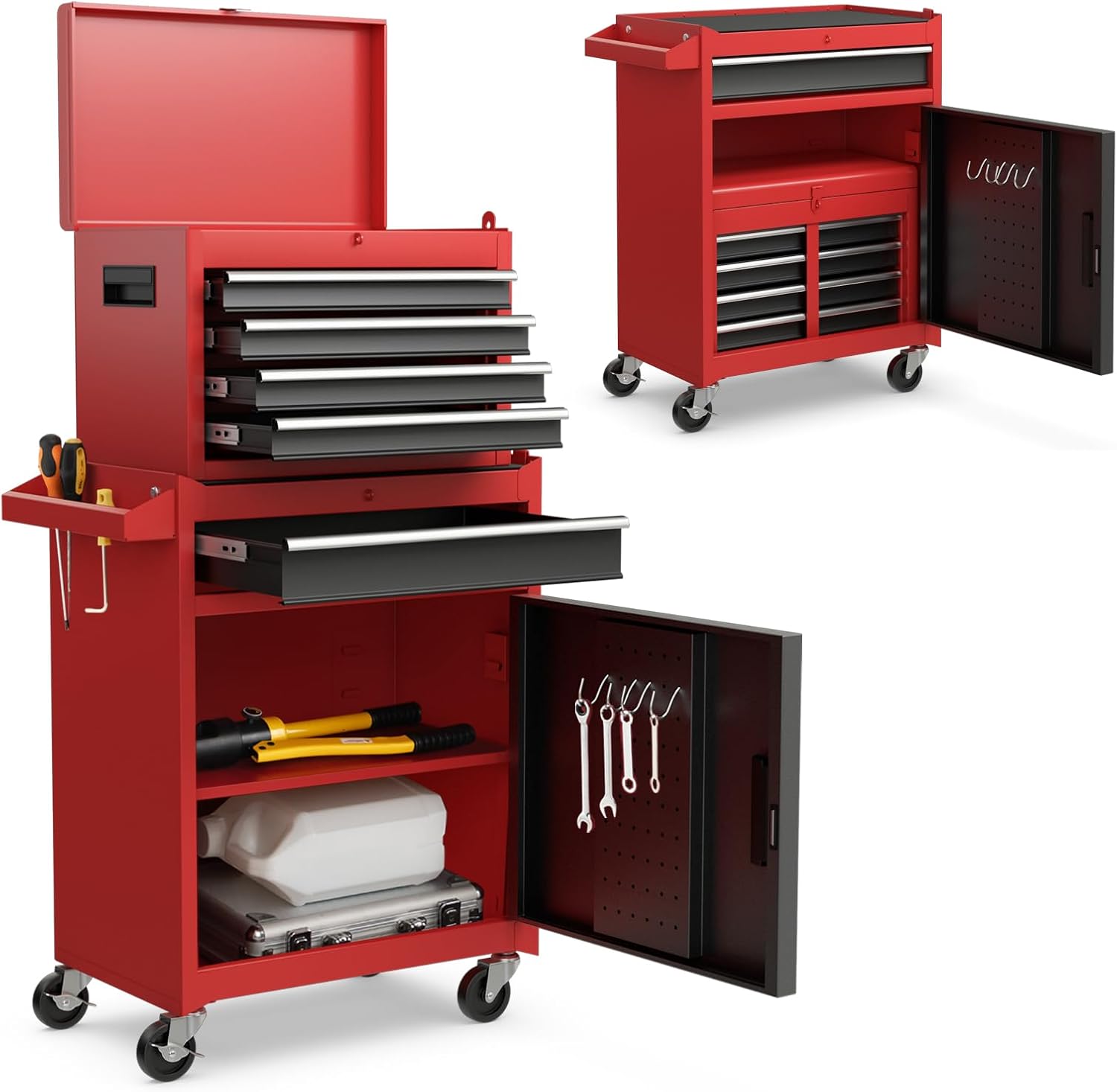 S AFSTAR 5-Drawer Rolling Tool Chest, High Capacity Tool Storage Cabinet W/Lockable Wheels, Adjustable Shelf & Anti-Slip Liner, Detachable Tool Box Organizer, Rolling Tool Cabinet (Black & Red)