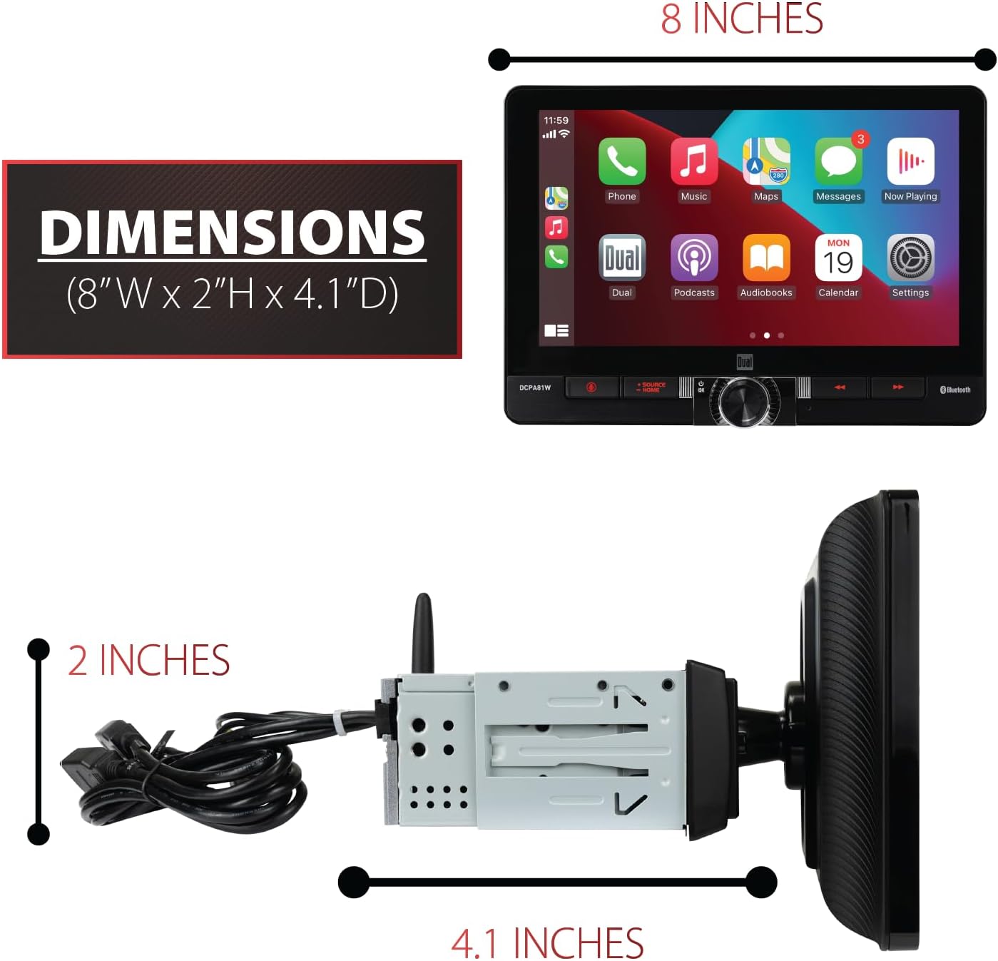 Dual Electronics DCPA81W 8-inch Certified Apple CarPlay Android Auto Wired or Wireless | Single DIN and Double DIN Touchscreen Car Stereo | Bluetooth | Front and Rear Camera Inputs | USB Charging