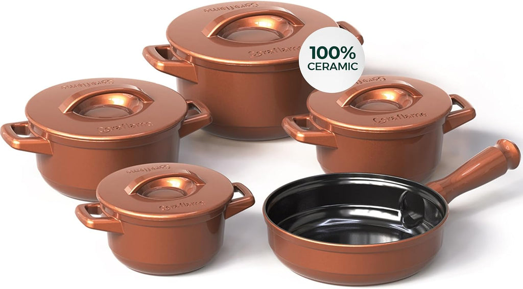 9 Piece Cookware Set Shiny Caramel with Ceramic Lid - Non-toxic Cookware, Casserole and Frying Pan Set for Healthy Cooking, Dishwasher Safe