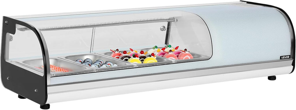 VEVOR Sushi Display Case Refrigerator, 1.5 Cu.ft Commercial Sushi Case, 4-Pan Countertop Showcase with Curved Glass, LED Lighting, and Digital Temperature Control, for Sushi-Bar, Restaurant, Store
