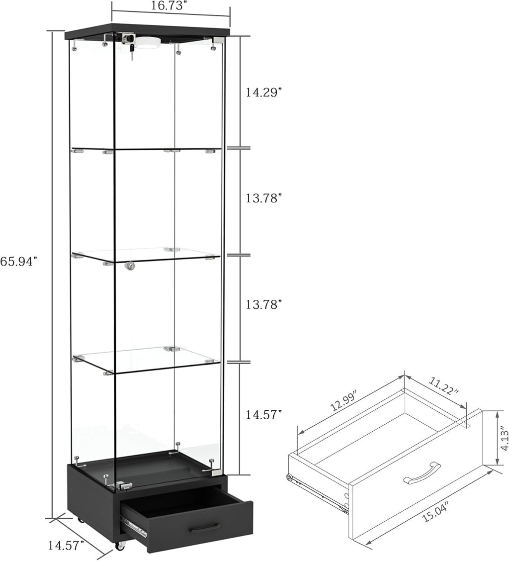 Modern Glass Display Cabinet with LED Light 4-Shelf Curio Cabinets with Storage Drawer and Wheels,Tempered Glass Display Shelf Bookcase for Living Room Home Office