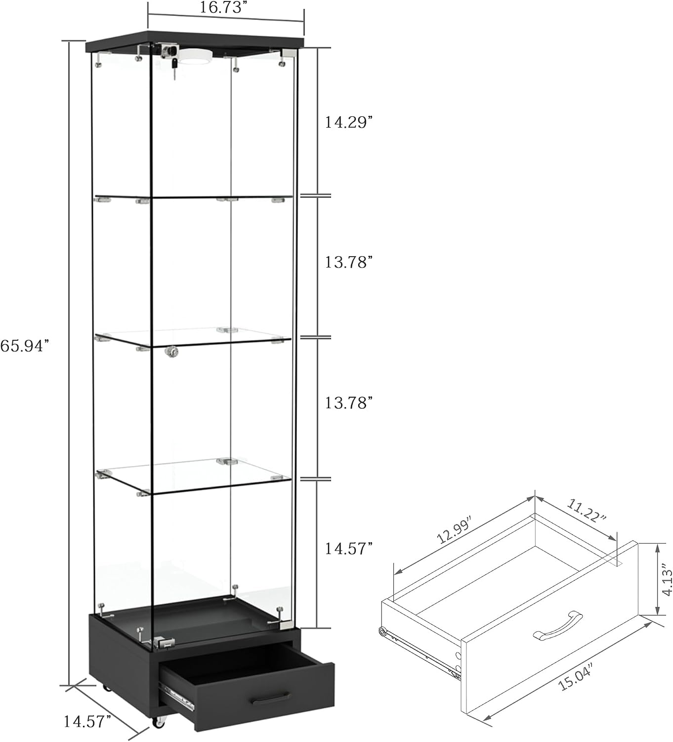 Modern Glass Display Cabinet with LED Light 4-Shelf Curio Cabinets with Storage Drawer and Wheels,Tempered Glass Display Shelf Bookcase for Living Room Home Office