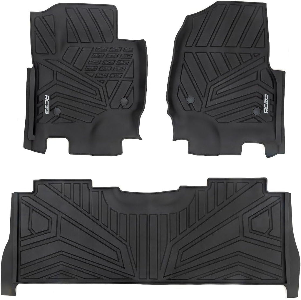 Rough Country Flex-Fit Floor Mats for Ford F-250/350 Super Duty (2017-2025) Crew Cab - Front & Rear Set, Custom All-Weather Non-Slip TPE Liners w/Spill Saver Lip