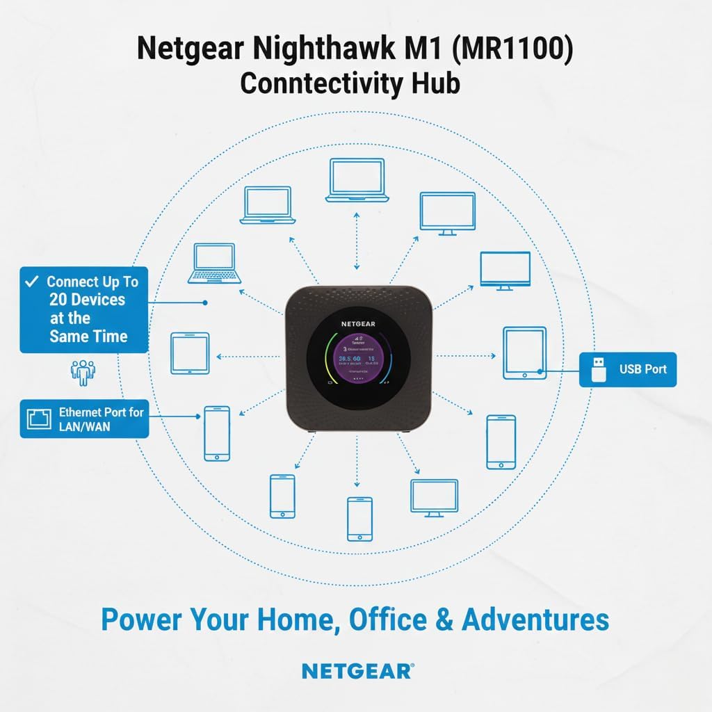 Nighthawk M1 MR1100-100NAS 4G LTE WiFi Mobile Hotspot Up to 1Gbps Speed, Works Best with AT&T and T-Mobile, Connects Up to 20 Devices, Portable Secure Wireless Network Anywhere Evdo-Link Bundle
