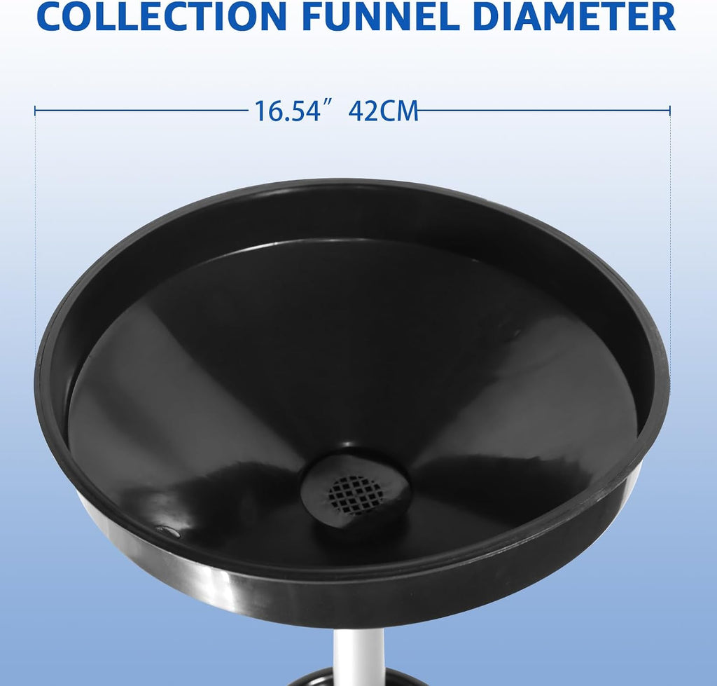 HKTE 9-Gallon Waste Oil Drainer, Adjustable Height (27'–68') with Spring Clamp, 17' Funnel, Mobile Oil Drain Pan with Heavy-Duty Casters, Tool Tray, Oil Filtration Screen, for Cars, Trucks, SUVs