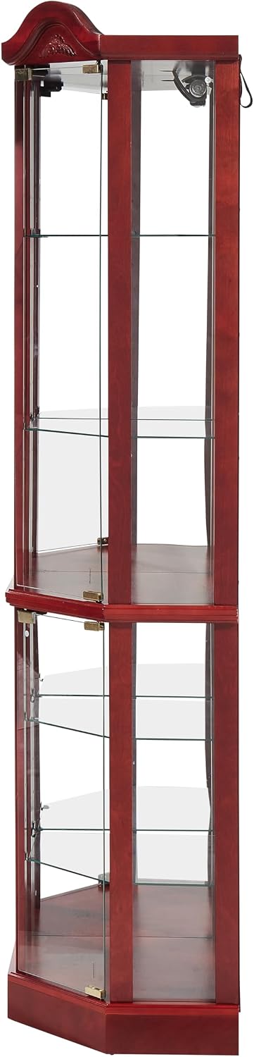 Ball & Cast 72' H Lighted Corner Curio Cabinet with Curved Top Carving,Glass Display Cabinet with 6 Tempered Adjustable Glass Shelves and Doors,Light Bulb Included, Rack for Liquor Storage,Cherry