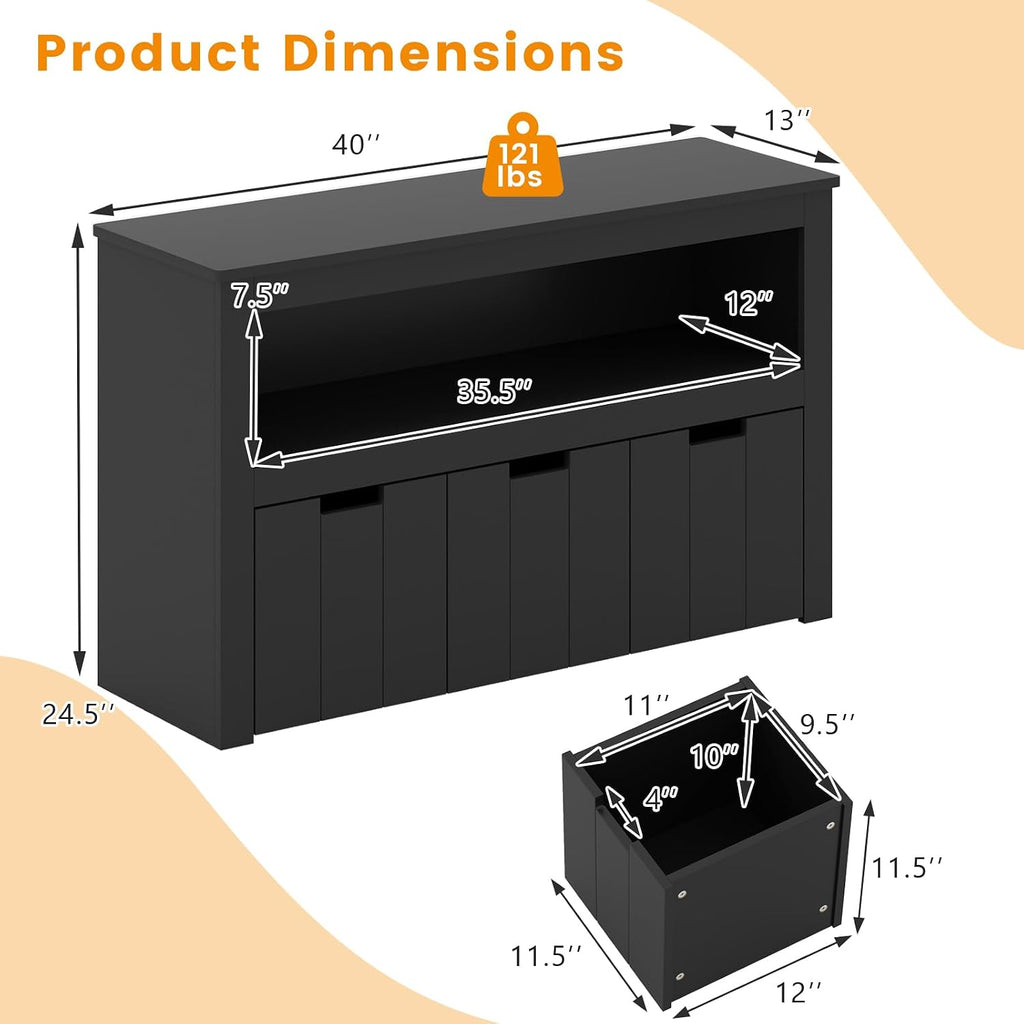 HONEY JOY Kids Toy Storage Organizer, Children Daycare Shelf, 3 Wooden Toy Box w/Wheels, Toddler Classroom Display Cabinet for Playroom, Nursery, Kindergarten (Black)